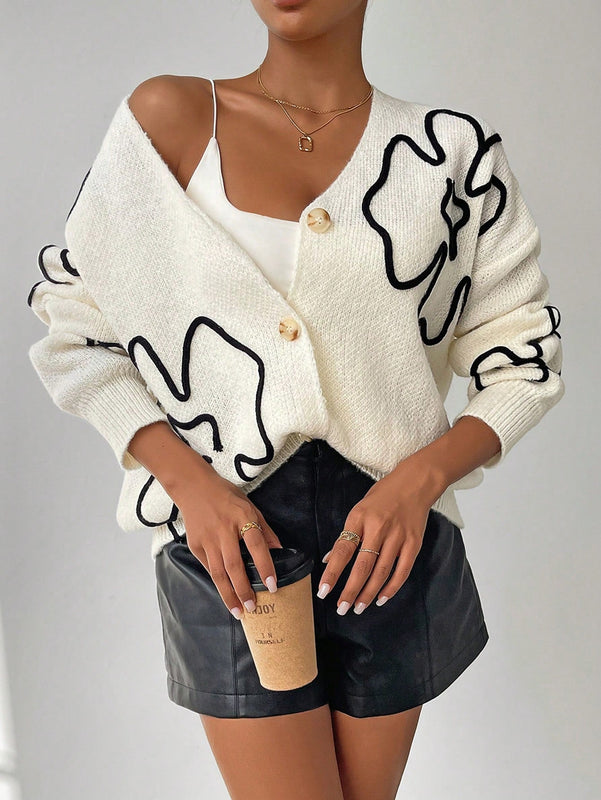 Frenchy cardigan casual de mujer con bloqueo de color y estampado floral, para otono/invierno