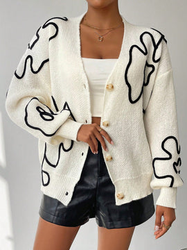 Frenchy cardigan casual de mujer con bloqueo de color y estampado floral, para otono/invierno