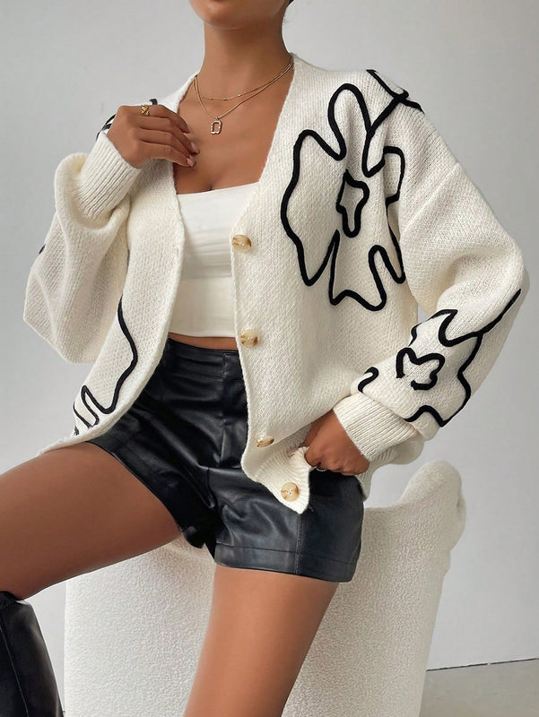 Frenchy cardigan casual de mujer con bloqueo de color y estampado floral, para otono/invierno