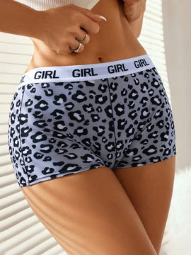 Boyshorts con estampado de leopardo de cintura con cinta con letra
