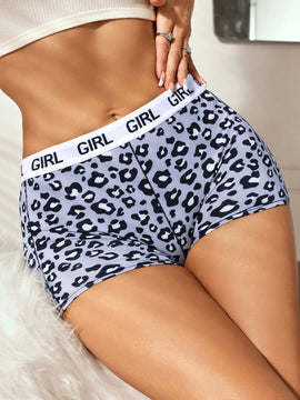 Boyshorts con estampado de leopardo de cintura con cinta con letra