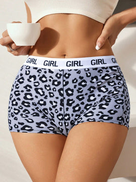 Boyshorts con estampado de leopardo de cintura con cinta con letra