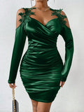 SXY Vestido ajustado con diseno aplique de hombros descubiertos fruncido lateral bajo tulipan de saten