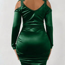 SXY Vestido ajustado con diseno aplique de hombros descubiertos fruncido lateral bajo tulipan de saten
