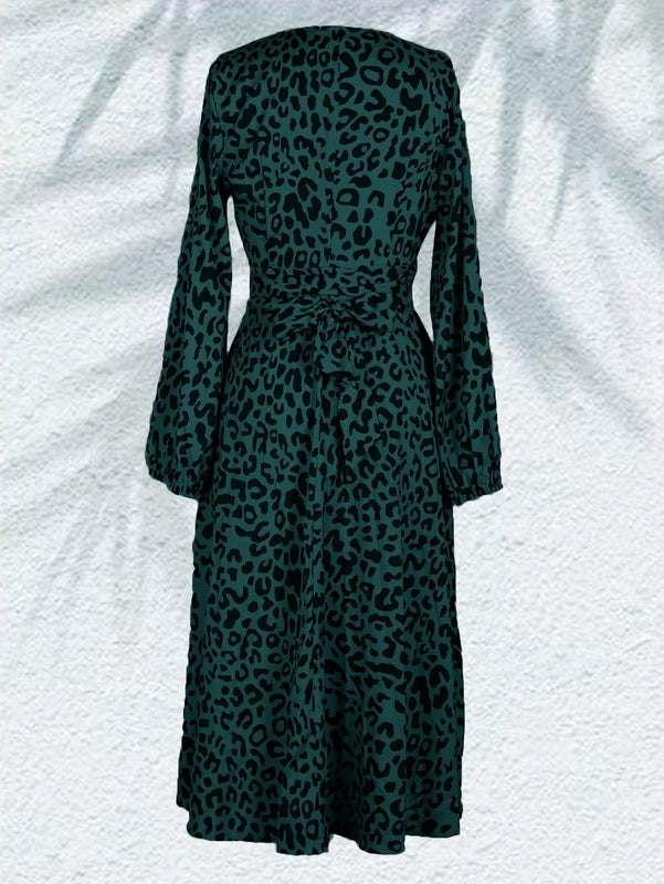 Vestido con estampado de lunares de manga farol cruzado con nudo lateral