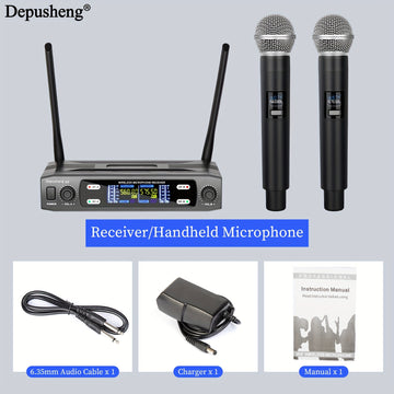 DEPUSHENG Sistema de Micrófono sin varillas Profesional 2/4 Canales con Sonido HD, Anti-Interferencias, Receptor Portátil y Pantalla LCD - Microfónos Mano/Cuello/Cabeza para KTV, Escenarios, Reuniones (Alimentado por Batería, Enchufe US), Micrófono Portá
