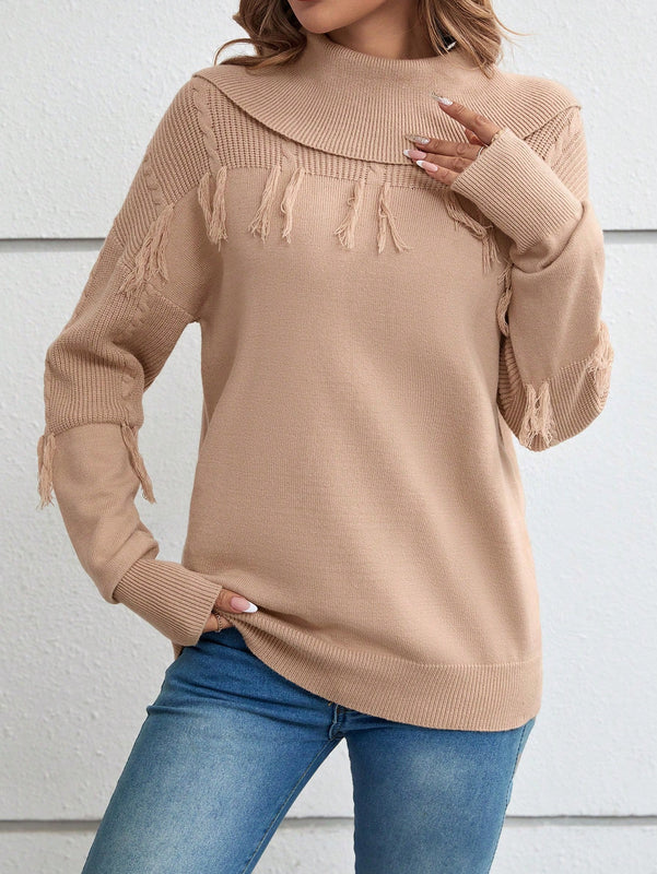 EMERY ROSE Jersey doblado cuello ribete con fleco de hombros caidos
