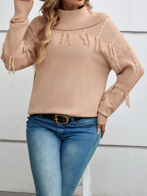 EMERY ROSE Jersey doblado cuello ribete con fleco de hombros caidos