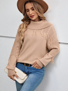 EMERY ROSE Jersey doblado cuello ribete con fleco de hombros caidos
