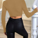 Glamour Jersey crop con diamante de imitacion bajo con fleco cuello alto