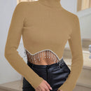 Glamour Jersey crop con diamante de imitacion bajo con fleco cuello alto