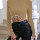 Glamour Jersey crop con diamante de imitacion bajo con fleco cuello alto