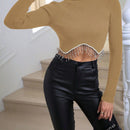 Glamour Jersey crop con diamante de imitacion bajo con fleco cuello alto