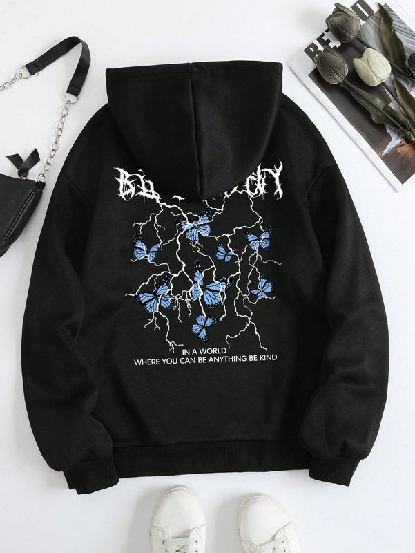 Essnce sudadera con capucha de manga larga de ajuste regular para mujer con estampado grafico de lema de mariposa y relampago para otono/invierno