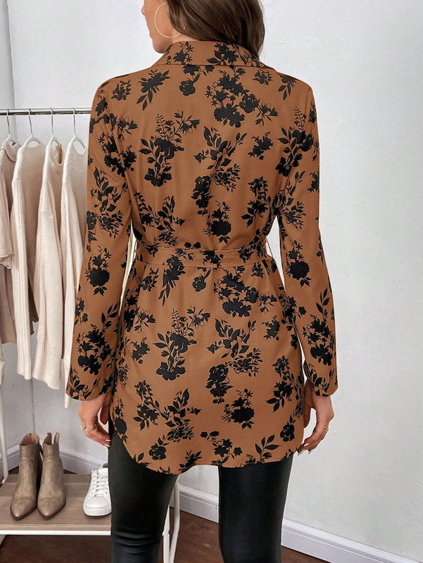 Clasi Camisa con estampado floral de manga enrollada con boton con cinturon