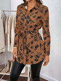 Clasi Camisa con estampado floral de manga enrollada con boton con cinturon