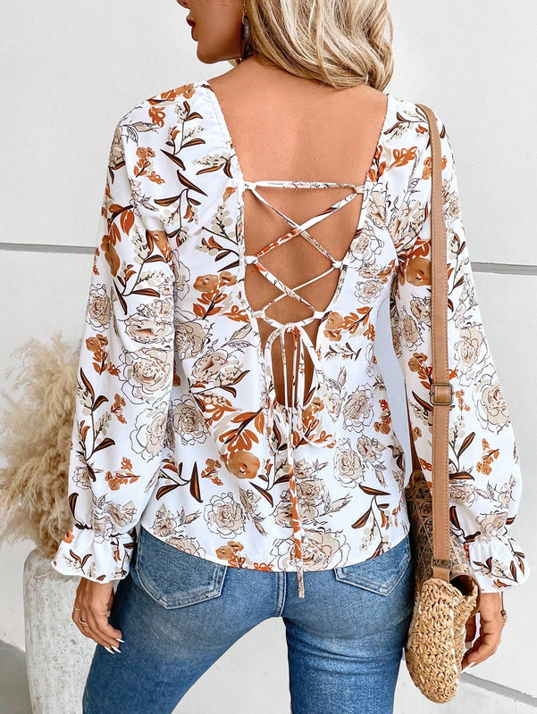 VCAY Blusa con estampado floral escote corazon de manga amplia con nudo delantero