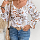 VCAY Blusa con estampado floral escote corazon de manga amplia con nudo delantero