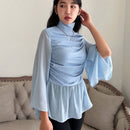 Neu Camisa De Cuello Alto De Manga Acampanada Para Mujer Con Pliegues En Las Mangas