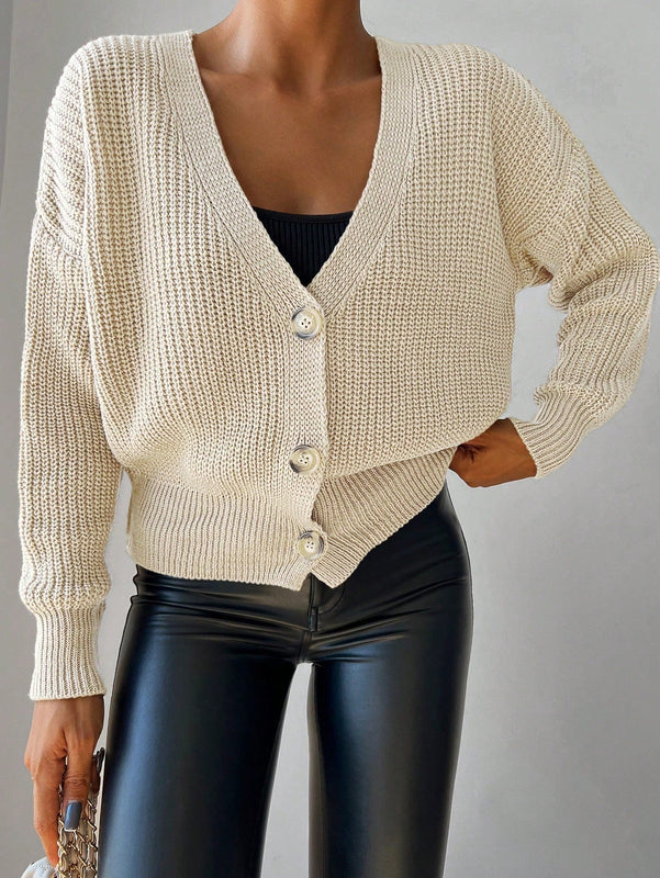Cardigan casual de un solo botonadura de mangas largas y hombros caidos de unicolor para mujer, otono/invierno
