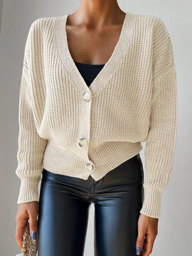 Cardigan casual de un solo botonadura de mangas largas y hombros caidos de unicolor para mujer, otono/invierno