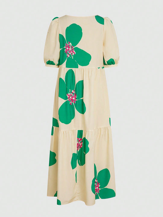 Unity Vestido smock con estampado floral de manga farol bajo con fruncido