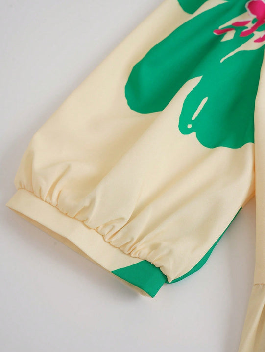 Unity Vestido smock con estampado floral de manga farol bajo con fruncido