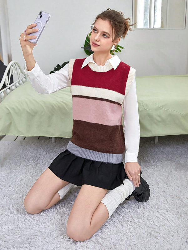 EZwear Chaleco de punto de color combinado sin camisa