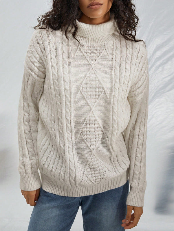 EZwear Jersey cuello alto tejido de cable de hombros caidos