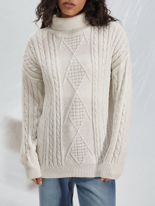 EZwear Jersey cuello alto tejido de cable de hombros caidos