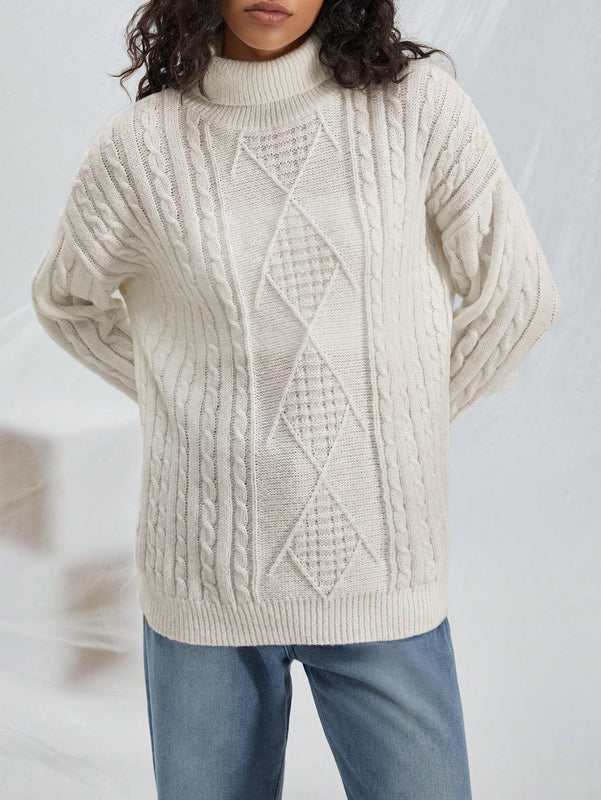 EZwear Jersey cuello alto tejido de cable de hombros caidos