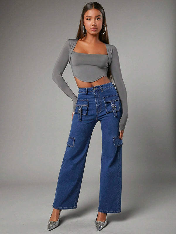BAE Jeans Holgados De Pierna Recta Con Multiples Bolsillos Para Mujer