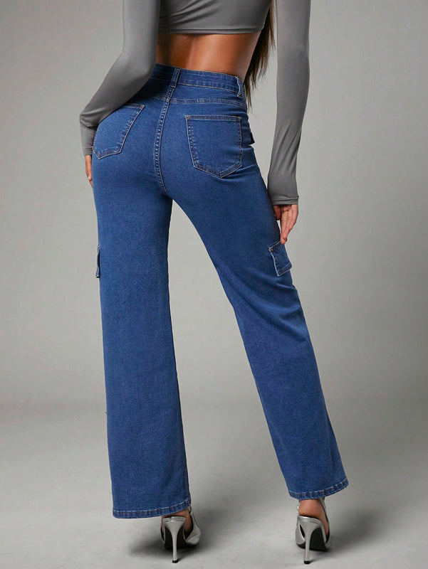 BAE Jeans Holgados De Pierna Recta Con Multiples Bolsillos Para Mujer
