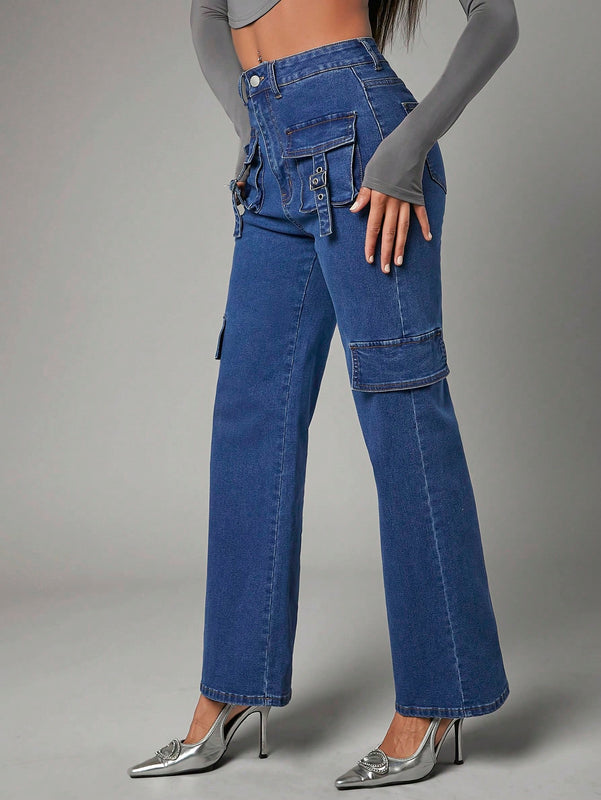 BAE Jeans Holgados De Pierna Recta Con Multiples Bolsillos Para Mujer