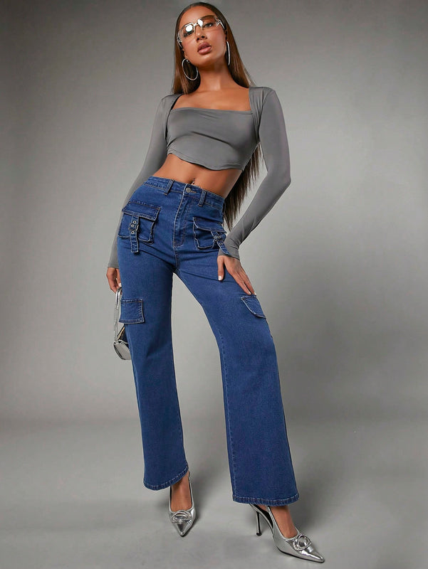 BAE Jeans Holgados De Pierna Recta Con Multiples Bolsillos Para Mujer