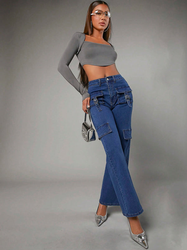 BAE Jeans Holgados De Pierna Recta Con Multiples Bolsillos Para Mujer