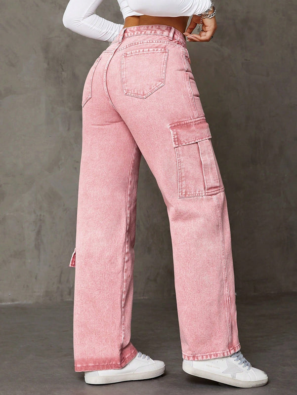 Jeans De Pierna Recta Estilo Cargo Asimetrico Con Bolsillos