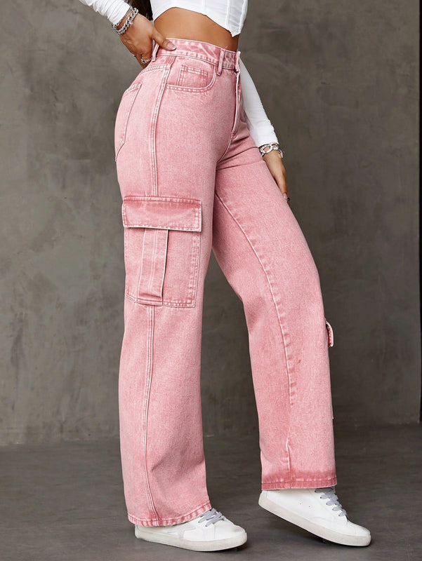 Jeans De Pierna Recta Estilo Cargo Asimetrico Con Bolsillos