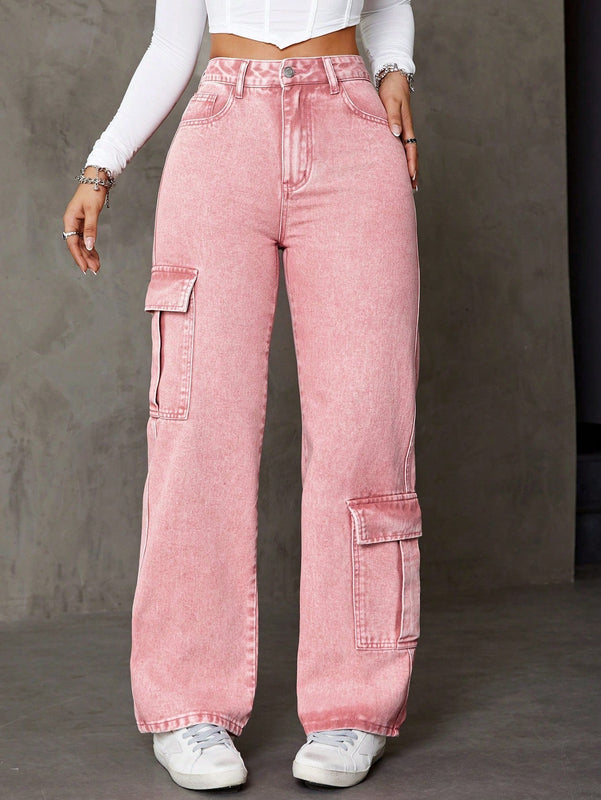 Jeans De Pierna Recta Estilo Cargo Asimetrico Con Bolsillos