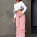 Jeans De Pierna Recta Estilo Cargo Asimetrico Con Bolsillos