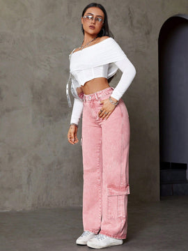 Jeans De Pierna Recta Estilo Cargo Asimetrico Con Bolsillos