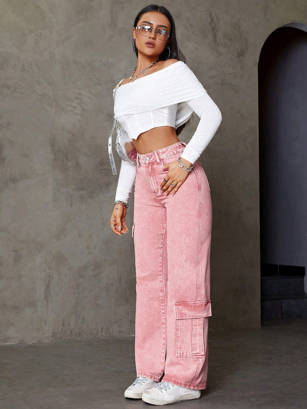 Jeans De Pierna Recta Estilo Cargo Asimetrico Con Bolsillos