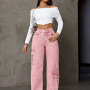 Jeans De Pierna Recta Estilo Cargo Asimetrico Con Bolsillos