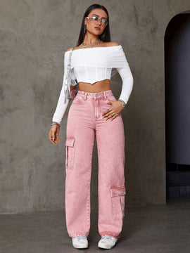 Jeans De Pierna Recta Estilo Cargo Asimetrico Con Bolsillos