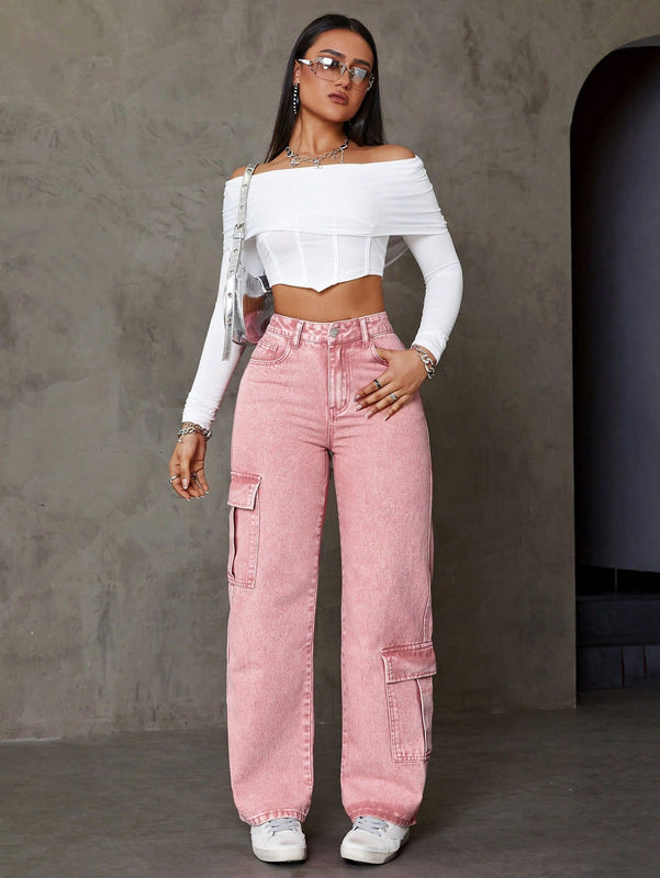 Jeans De Pierna Recta Estilo Cargo Asimetrico Con Bolsillos