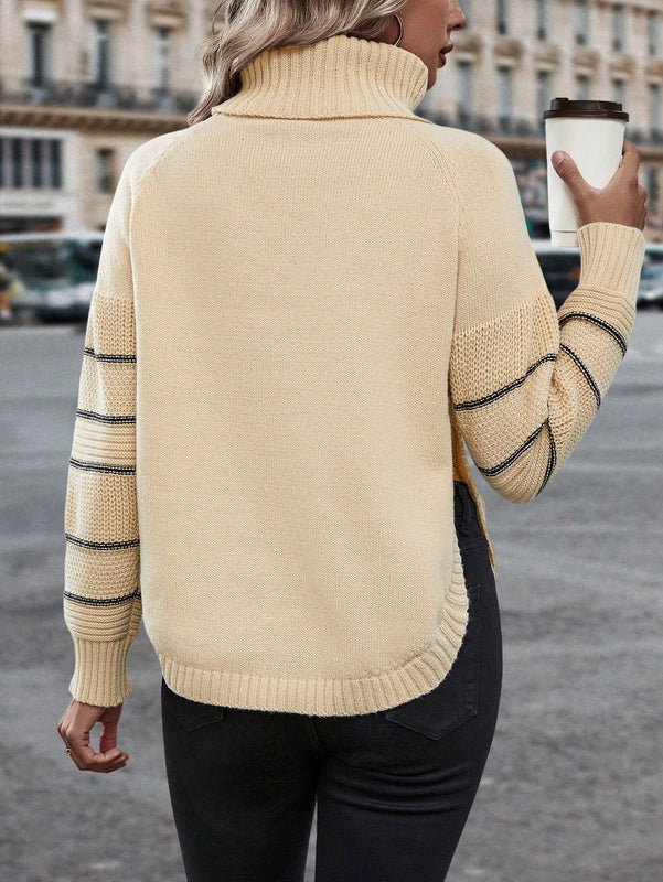 Essnce Jersey con patron de rayas cuello alto de manga raglan bajo con abertura