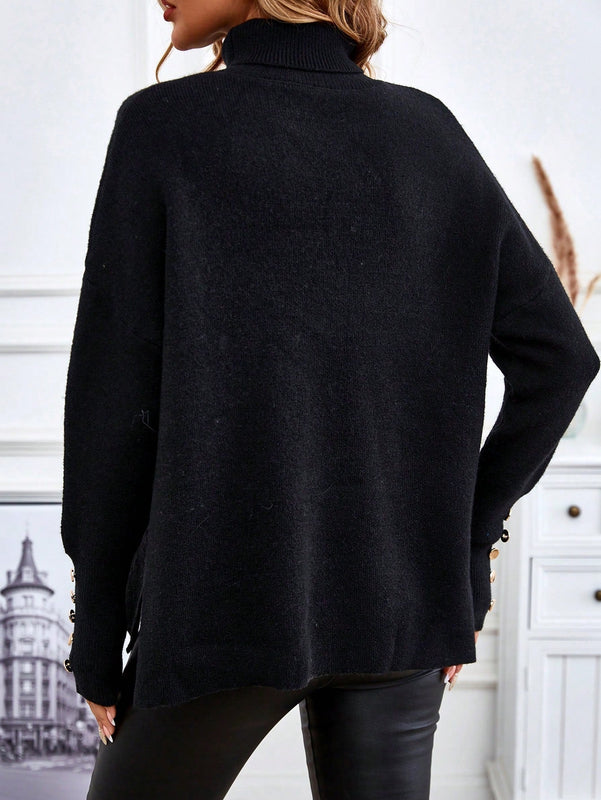 LUNE Jersey cuello alto de hombros caidos con diseno de boton bajo con abertura