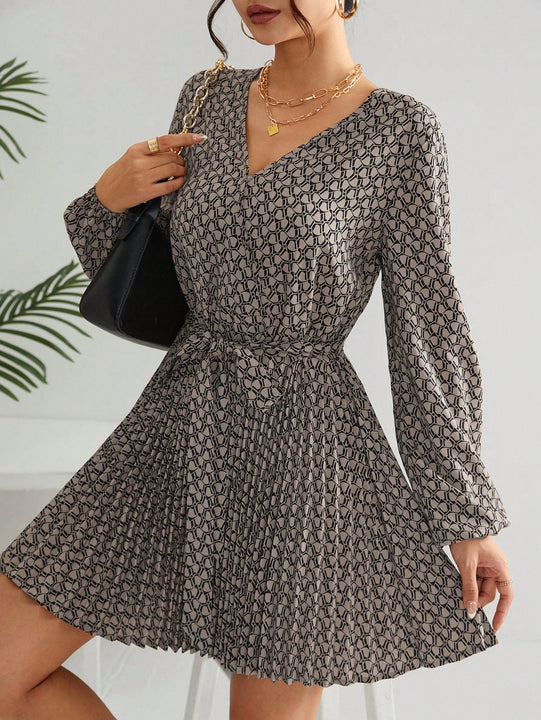 Frenchy Vestido con estampado de manga farol con cinturon bajo fruncido