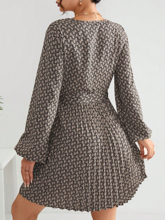 Frenchy Vestido con estampado de manga farol con cinturon bajo fruncido