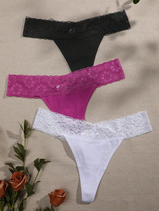 3 Piezas Sexy Lenceria Tanga De Encaje Con Diseno De Flores Margaritas